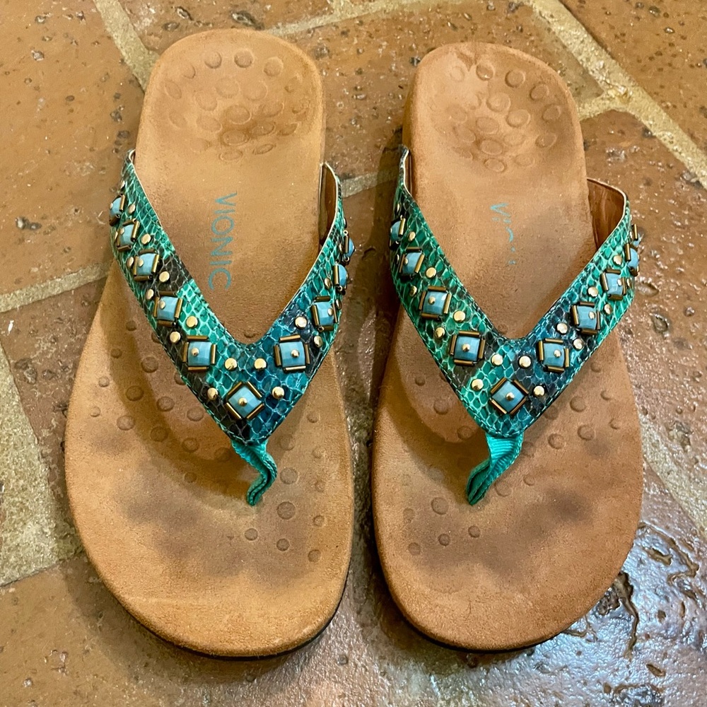 Vionic Womens size 10 Floriana Teal Snake Leather Turquoise Sandals Flip Flops